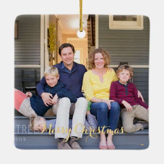 Erstellen Sie Familienjunges Foto Elegante Goldene Keramikornament (Rückseite)