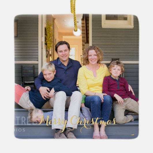 Erstellen Sie Familienjunges Foto Elegante Goldene Keramikornament (Vorderseite)