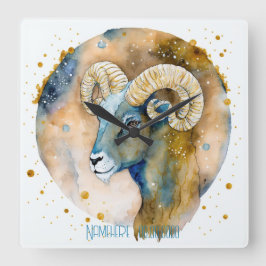 Erstellen Sie Ihr eigenes Gold & Blue Aries Zodiac Quadratische Wanduhr