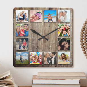Erstellen Sie Ihr individuelles Foto Collage Rusti Quadratische Wanduhr