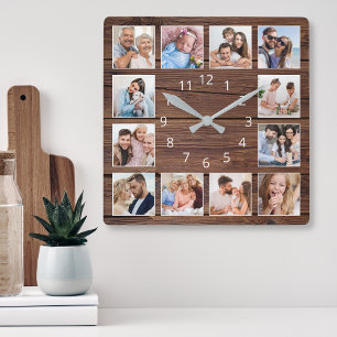 Erstellen Sie Ihr individuelles Foto Collage Rusti Quadratische Wanduhr