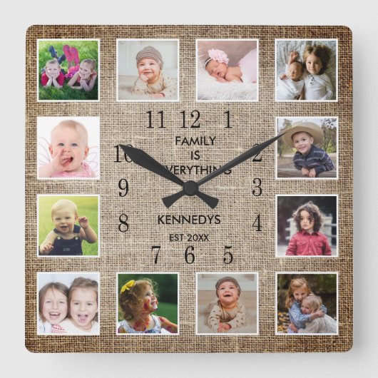 Erstellen Sie Ihre eigene 12 Collage Frame Burlap Quadratische Wanduhr (Vorderseite)
