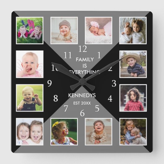 Erstellen Sie Ihre eigene 12-Familie Foto Collage Quadratische Wanduhr (Vorderseite)