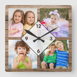 Erstellen Sie Ihre eigene 4-Foto-Collage Rustikale Quadratische Wanduhr