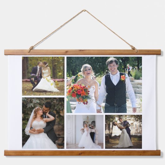 Erstellen Sie Ihre eigene 5-Foto-Hochzeitskollekti Wandteppich Mit Holzrahmen (Vorne)