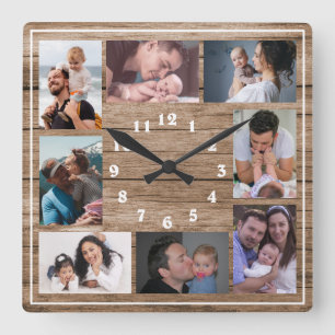 Erstellen Sie Ihre eigene 8-Foto-Collage Rustikale Quadratische Wanduhr