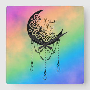 Erstellen Sie Ihre eigene Boho Leafmoon Silhouette Quadratische Wanduhr