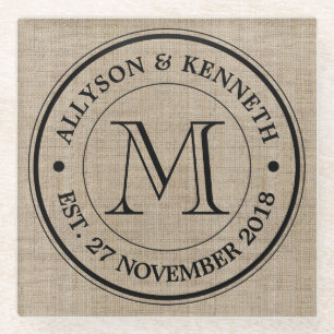 Erstellen Sie Ihre eigene Burlap Retro Logo Monogr Glasuntersetzer
