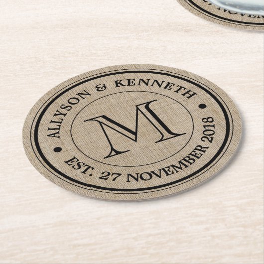 Erstellen Sie Ihre eigene Burlap Retro Logo Monogr Runder Pappuntersetzer (Angewinkelt)