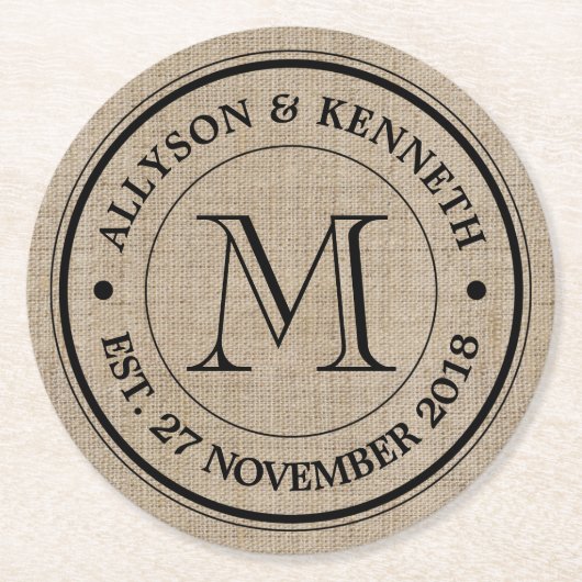 Erstellen Sie Ihre eigene Burlap Retro Logo Monogr Runder Pappuntersetzer (Vorderseite)