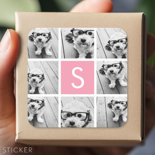 Erstellen Sie Ihre eigene Fotocollage - Pink Monog Quadratischer Aufkleber