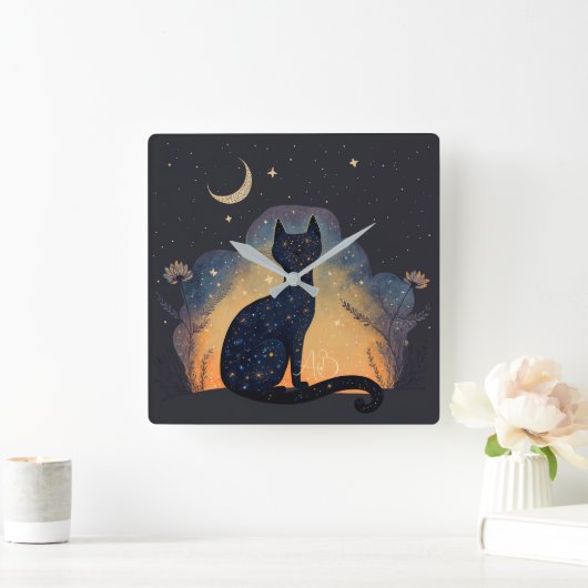 Erstellen Sie Ihre eigene mystische Black Cat-Silh Quadratische Wanduhr (Zuhause)