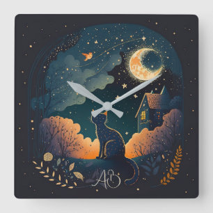 Erstellen Sie Ihre eigene mystische schwarze Katze Quadratische Wanduhr