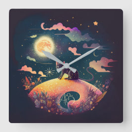 Erstellen Sie Ihre eigene mystische Schwarzkatzenl Quadratische Wanduhr