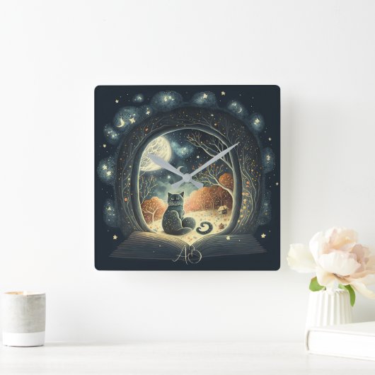 Erstellen Sie Ihre eigene Starry Mystical Black Ca Quadratische Wanduhr (Zuhause)