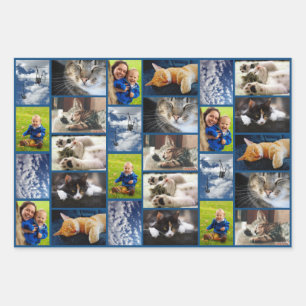 Erstellen Sie Ihre eigenen 9 Foto Collage Blue Bor Geschenkpapier Set