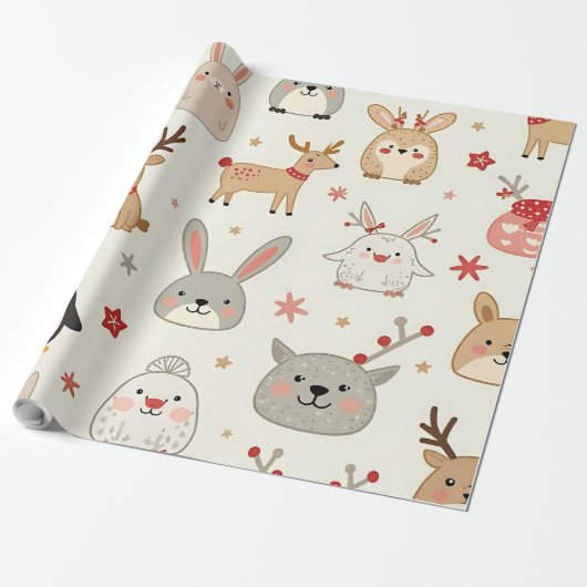 Erstellen Sie Ihre eigenen Kawaii Weihnachtstiere Geschenkpapier (Ungerollt)
