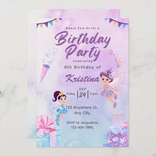 Erstellen Sie Ihre eigenen Niedlichen Girls Geburt Einladung (Vorne/Hinten)