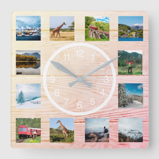 Erstellen Sie Ihre individuelle FotoCollage Rustic Quadratische Wanduhr (Vorderseite)