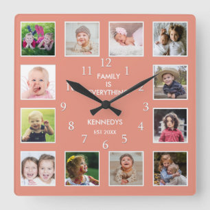 Erstellen Sie Ihren eigenen 12 Collage Frame Peach Quadratische Wanduhr