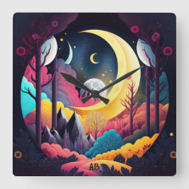 Erstellen Sie Ihren eigenen hellen Halbmondwald Quadratische Wanduhr