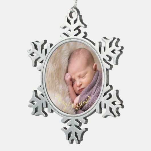 Erstellen Sie Personalisiertes Foto Gold Text Baby Schneeflocken Zinn-Ornament (Rechts)