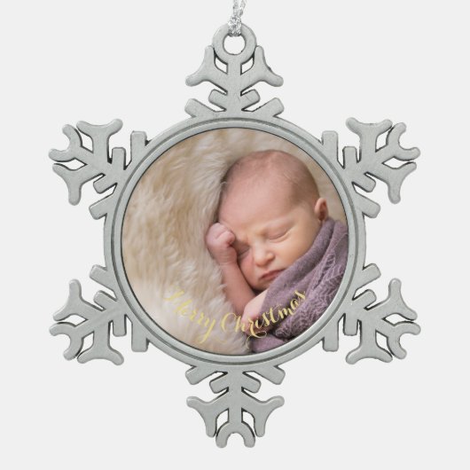 Erstellen Sie Personalisiertes Foto Gold Text Baby Schneeflocken Zinn-Ornament (Vorderseite)