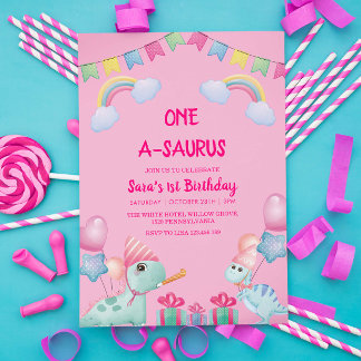 Erster 1. Geburtstag Dinosaurier & Rainbow Pink Einladung