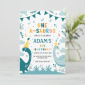 Erster 1. Geburtstag Dunkel & leicht grüner Dinosa Einladung (Stehend Vorderseite)