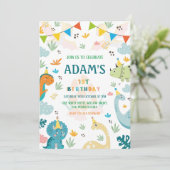 Erster 1. Geburtstag Farbiges Party Dinosaurier Einladung (Stehend Vorderseite)