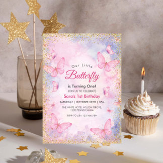 Erster 1. Geburtstag Glitzer Rosa Schmetterlinge P Einladung