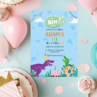 Erster 1. Geburtstag Grün und Lila Dinosaurier Einladung