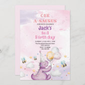 Erster 1. Geburtstag Niedlichen Lila Dinosaurier u Einladung (Vorne/Hinten)