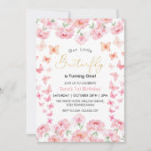 Erster 1. Geburtstag Pink Butterfly & Blume Einladung (Vorderseite)