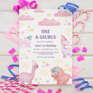 Erster 1. Geburtstag Pink Wasserfarbe Dinosaurier Einladung