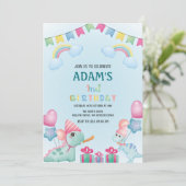 Erster 1. Geburtstag Rainbow & Green Dinosaurier Einladung (Stehend Vorderseite)