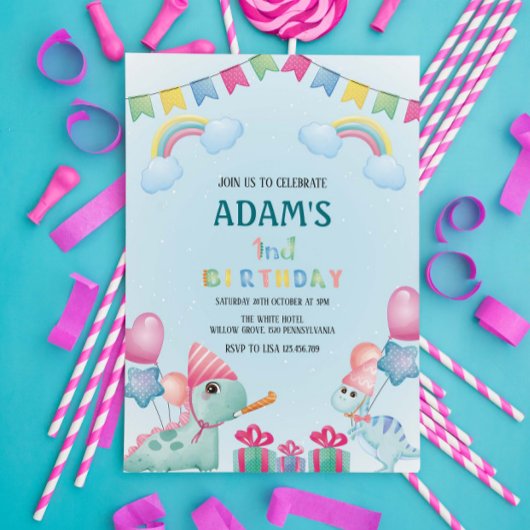 Erster 1. Geburtstag Rainbow & Green Dinosaurier Einladung