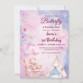 Erster 1. Geburtstag WatercoloBear LItlle Butterfl Einladung (Vorderseite)