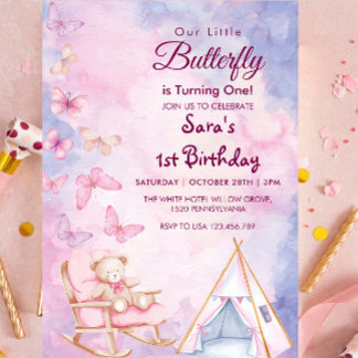Erster 1. Geburtstag WatercoloBear LItlle Butterfl Einladung