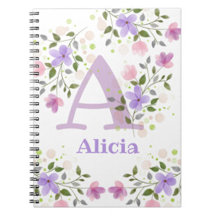 Erster Anfangsbuchstabe plus Name Alicia mit Blume Notizblock
