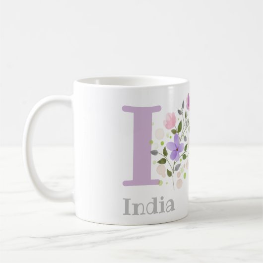 Erster Anfangsbuchstabe Plus Name India mit Blumen Kaffeetasse (Links)