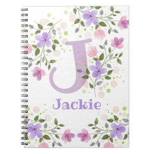 Erster Anfangsbuchstabe plus Name Jackie mit Blume Notizblock