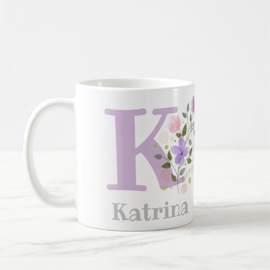 Erster Anfangsbuchstabe plus Name Katrina mit Blum Kaffeetasse (Links)