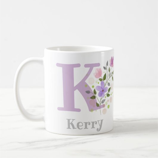 Erster Anfangsbuchstabe plus Name Kerry mit Blumen Kaffeetasse (Links)