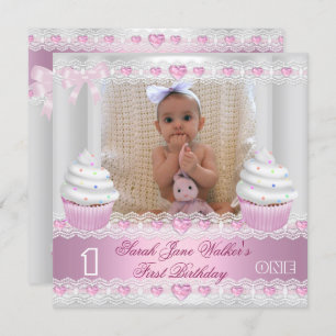 Erster Geburtstag 1. Girl White Pink Cupcake Baby Einladung