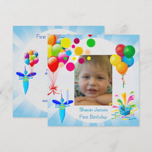 Erster Geburtstag 1. Junge Blaue Ballons Käfer Einladung