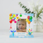 Erster Geburtstag 1. Junge Blue Balloons Bug Einladung (Stehend Vorderseite)