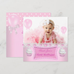 Erster Geburtstag 1. Mädchen Rosa Cupcakes Baby 2 Einladung