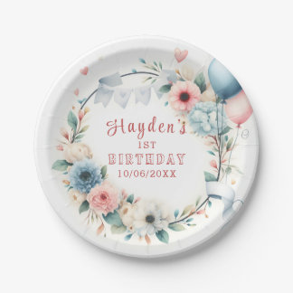 Erster Geburtstag - Aquarellfarben-Blume und Ballo Pappteller