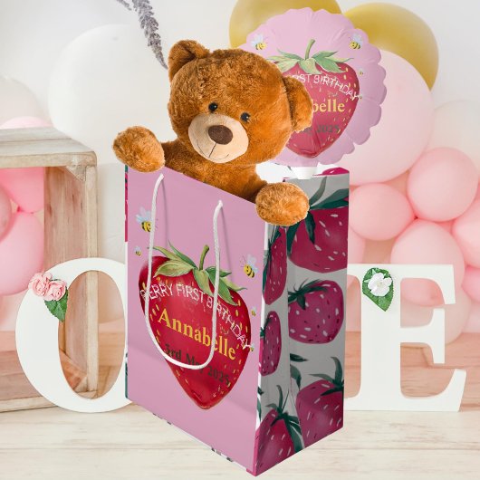Erster Geburtstag Baby 1. Strawberry Niedlich Mittlere Geschenktüte